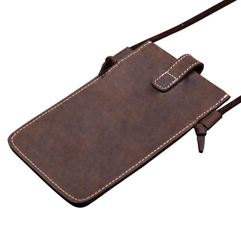 Vintage Leather Cell Phone Crossbody Bag With Crazy Horse Finish